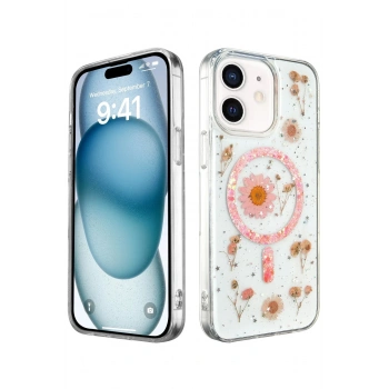 Mey İthalat®   iPhone 12 Kılıf Daisy Simli Magsafe Kapak - Pembe