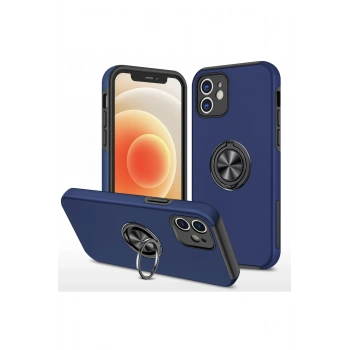 Mey İthalat®   iPhone 12 Kılıf Elit Yüzüklü Kapak - Lacivert