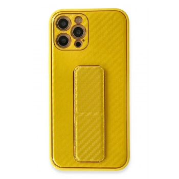 Mey İthalat®   iPhone 12 Pro Kılıf Coco Karbon Standlı Kapak - Sarı