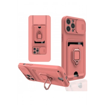 Mey İthalat®   iPhone 12 Pro Kılıf Zuma Kartvizitli Yüzüklü Silikon - Pembe