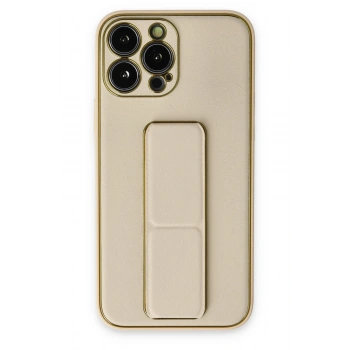 Mey İthalat®   iPhone 13 Pro Kılıf Coco Deri Standlı Kapak - Gold
