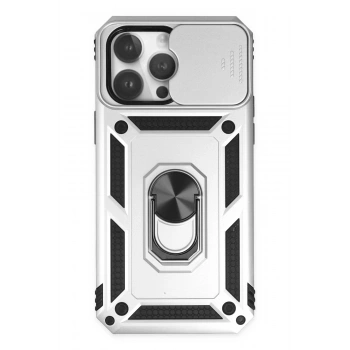 Mey İthalat®   iPhone 14 Pro Kılıf Pars Lens Yüzüklü Silikon - Gümüş