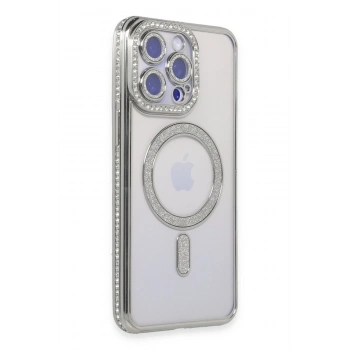 Mey İthalat®   iPhone 14 Pro Max Kılıf Joke Simli Magneticsafe Kılıf - Gümüş