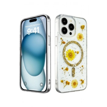 Mey İthalat®   iPhone 15 Pro Max Kılıf Daisy Simli Magsafe Kapak - Gold