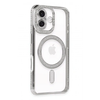 Mey İthalat®   iPhone 16 Kılıf Joke Simli Magneticsafe Kılıf - Gümüş