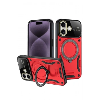 Mey İthalat®   iPhone 16 Kılıf Joy Lens Standlı Kapak - Kırmızı