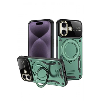 Mey İthalat®   iPhone 16 Kılıf Joy Lens Standlı Kapak - Koyu Yeşil