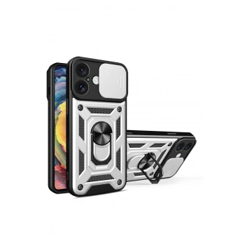 Mey İthalat®   iPhone 16 Kılıf Pars Lens Yüzüklü Silikon - Gümüş