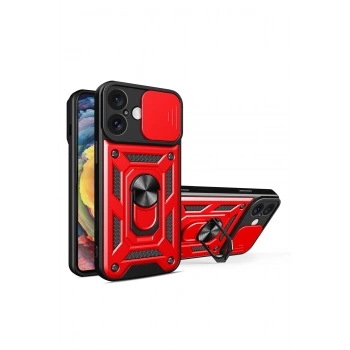 Mey İthalat®   iPhone 16 Kılıf Pars Lens Yüzüklü Silikon - Kırmızı