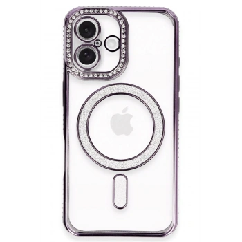 Mey İthalat®   iPhone 16 Plus Kılıf Joke Simli Magneticsafe Kılıf - Derin Mor