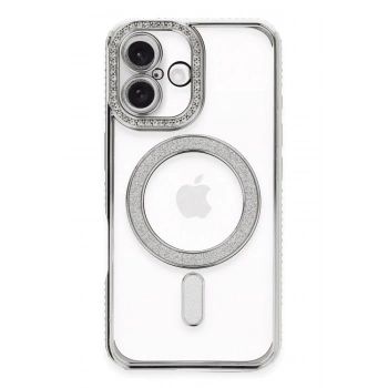 Mey İthalat®   iPhone 16 Plus Kılıf Joke Simli Magneticsafe Kılıf - Gümüş
