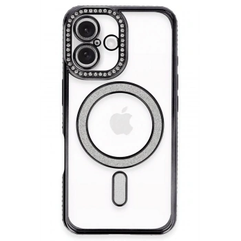 Mey İthalat®   iPhone 16 Plus Kılıf Joke Simli Magneticsafe Kılıf - Siyah