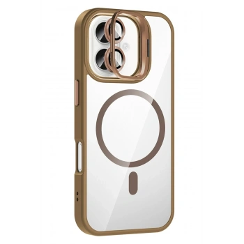 Mey İthalat®   iPhone 16 Plus Remim Lensli Magsafe Standlı Kapak - Kahverengi