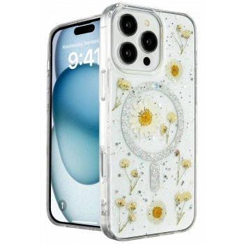 Mey İthalat®   iPhone 16 Pro Kılıf Daisy Simli Magsafe Kapak - Gümüş