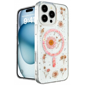 Mey İthalat®   iPhone 16 Pro Kılıf Daisy Simli Magsafe Kapak - Pembe