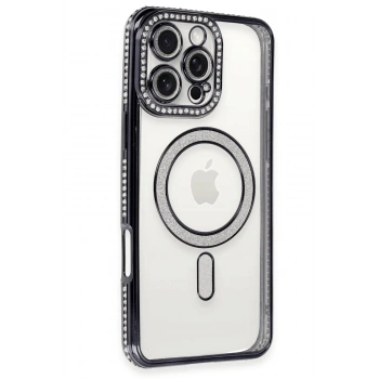 Mey İthalat®   iPhone 16 Pro Kılıf Joke Simli Magneticsafe Kılıf - Siyah