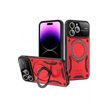 Mey İthalat®   iPhone 16 Pro Kılıf Joy Lens Standlı Kapak - Kırmızı