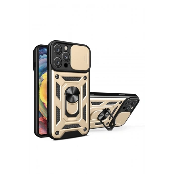 Mey İthalat®   iPhone 16 Pro Kılıf Pars Lens Yüzüklü Silikon - Gold