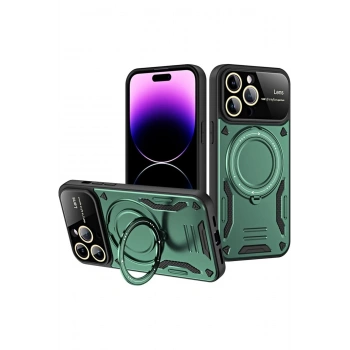 Mey İthalat®   iPhone 16 Pro Max Kılıf Joy Lens Standlı Kapak - Koyu Yeşil