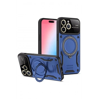 Mey İthalat®   iPhone 16 Pro Max Kılıf Joy Lens Standlı Kapak - Lacivert