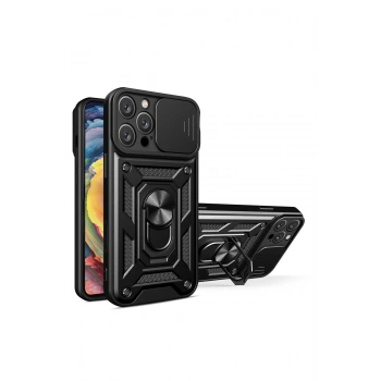 Mey İthalat®   iPhone 16 Pro Max Kılıf Pars Lens Yüzüklü Silikon - Siyah