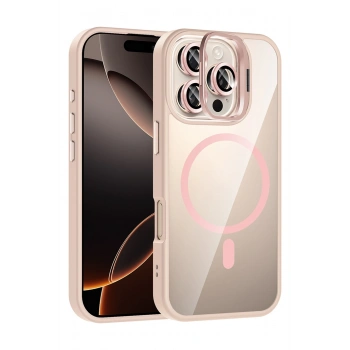 Mey İthalat®   iPhone 16 Pro Remim Lensli Magsafe Standlı Kapak - Pembe