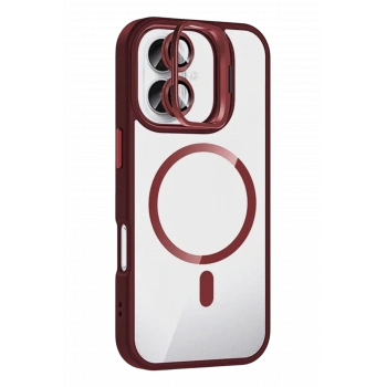 Mey İthalat®   iPhone 16 Remim Lensli Magsafe Standlı Kapak - Bordo