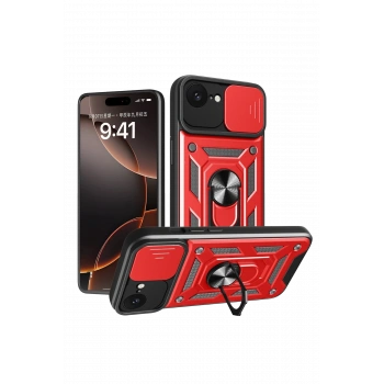 Mey İthalat®   iPhone 16E Kılıf Pars Lens Yüzüklü Silikon - Kırmızı