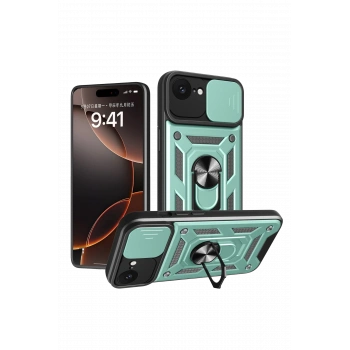 Mey İthalat®   iPhone 16E Kılıf Pars Lens Yüzüklü Silikon - Yeşil