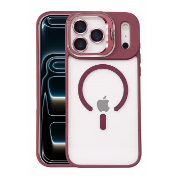Mey İthalat®   iPhone 17 Pro Remim Lensli Magsafe Standlı Kapak - Bordo