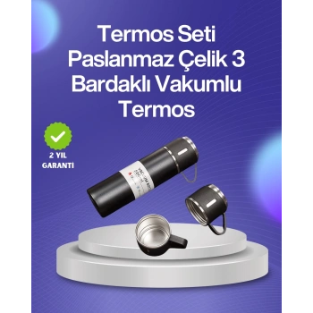 Mey İthalat® Isıyı Uzun Süre Koruyan 500 ml Termos Seti | Çelik Gövde, 2 Bardaklı, Hediye Kutulu