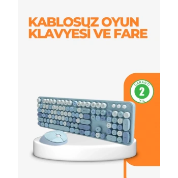 Mey İthalat® Kablosuz Retro Klavye ve Mouse Seti – 104 Tuşlu Sevimli Tasarım
