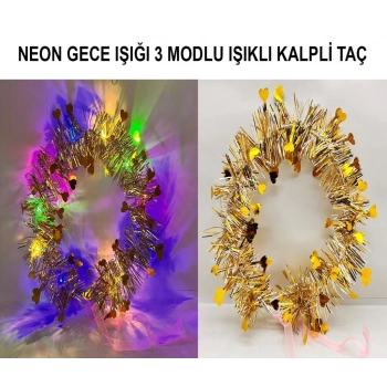 Mey İthalat® Kalp Püsküllü Gece Parıltısı 3 Modlu LED li Işıklı Taç Altın Renk