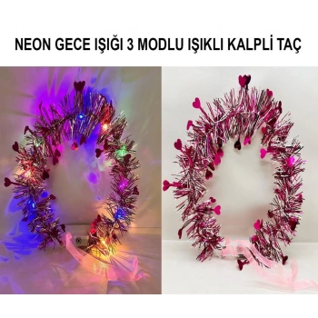Mey İthalat® Kalp Püsküllü Gece Parıltısı 3 Modlu LED li Işıklı Taç Fuşya Renk