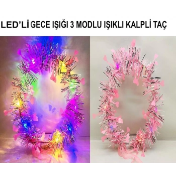 Mey İthalat® Kalp Püsküllü Gece Parıltısı 3 Modlu LED li Işıklı Taç Pembe Renk