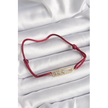 Mey İthalat® Kırmızı İpli Asansörlü Zirkon Taşlı Gold Messika Model Kadın Bileklik