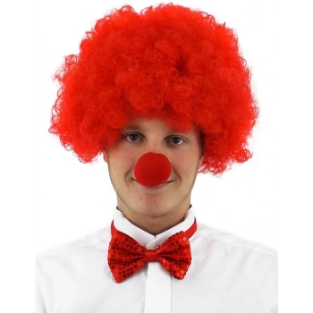 Mey İthalat® Kırmızı Renk Kıvırcık Afro Bonus Peruk Takma Saç ve Kırmızı Burun Seti