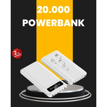 Mey İthalat® LED Işıklı 20.000mAh Powerbank LCD Gösterge Dahili Çoklu Kablo