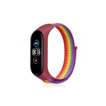 Mey İthalat®   Mi Band 4 Hasırlı Cırtcırtlı Kordon - Gökkuşağı