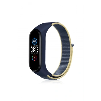 Mey İthalat®   Mi Band 4 Hasırlı Cırtcırtlı Kordon - Sarı-Lacivert