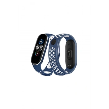 Mey İthalat®   Mi Band 6 Spor Delikli Kordon - Lacivert-Beyaz