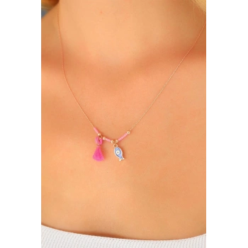 Mey İthalat® Nazar Boncuklu Pembe Renk Taşlı Rose Bayan Kolye