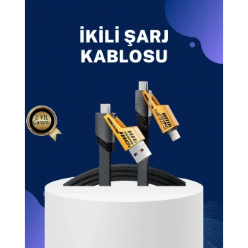 Mey İthalat® Örgülü Tasarım 4’ü 1 Arada USB-C Lightning Hızlı Şarj Kablosu