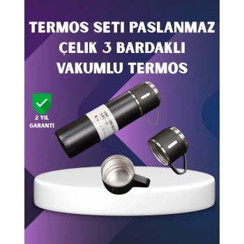 Mey İthalat® Paslanmaz Termos ve İkili Bardak Seti | 6-12 Saat Sıcak/Soğuk Tutma