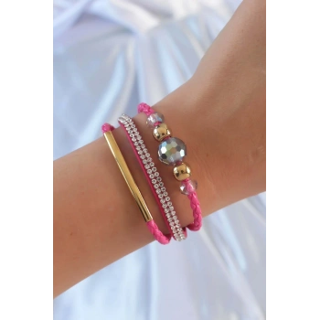 Mey İthalat® Pembe Renk Zirkon Taşlı Deri Çoklu Bileklik