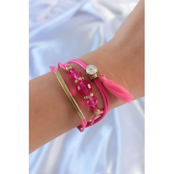 Mey İthalat® Pembe Zirkon Taşlı İpli Püskül Detay Çoklu Bileklik