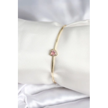 Mey İthalat® Pembe Zirkon Taşlı Kalp Model Gold Renk Kadın Bileklik