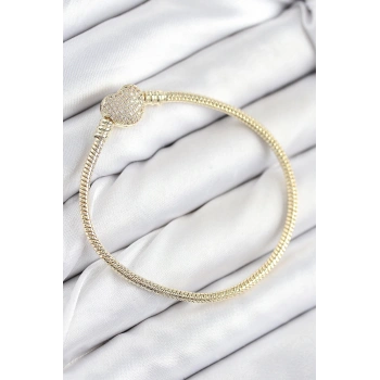 Mey İthalat® Pirinç Charm Zirkon Taşlı Kalp Model Gold Renk Kadın Bileklik