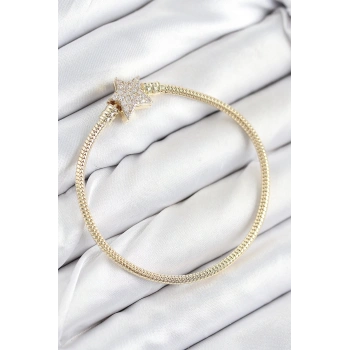 Mey İthalat® Pirinç Charm Zirkon Taşlı Yıldız Model Gold Renk Kadın Bileklik