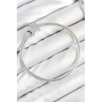Mey İthalat® Pirinç Charm Zirkon Taşlı Yıldız Model Gümüş Renk Kadın Bileklik